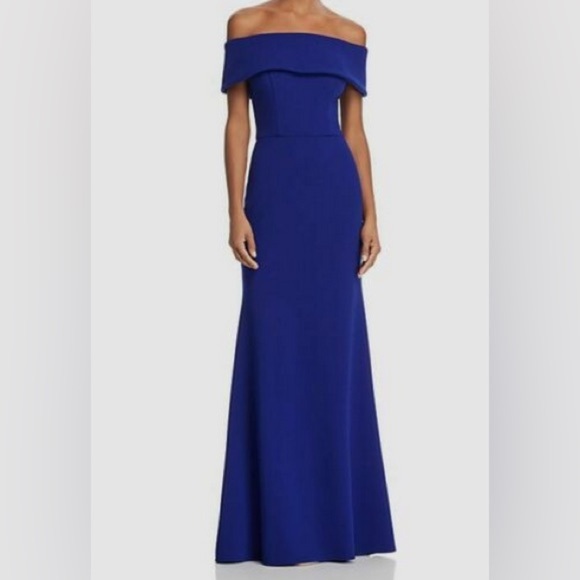 AQUA Off-the-Shoulder Scuba Crepe Gown Marine Blue.                  A - Picture 4 of 10